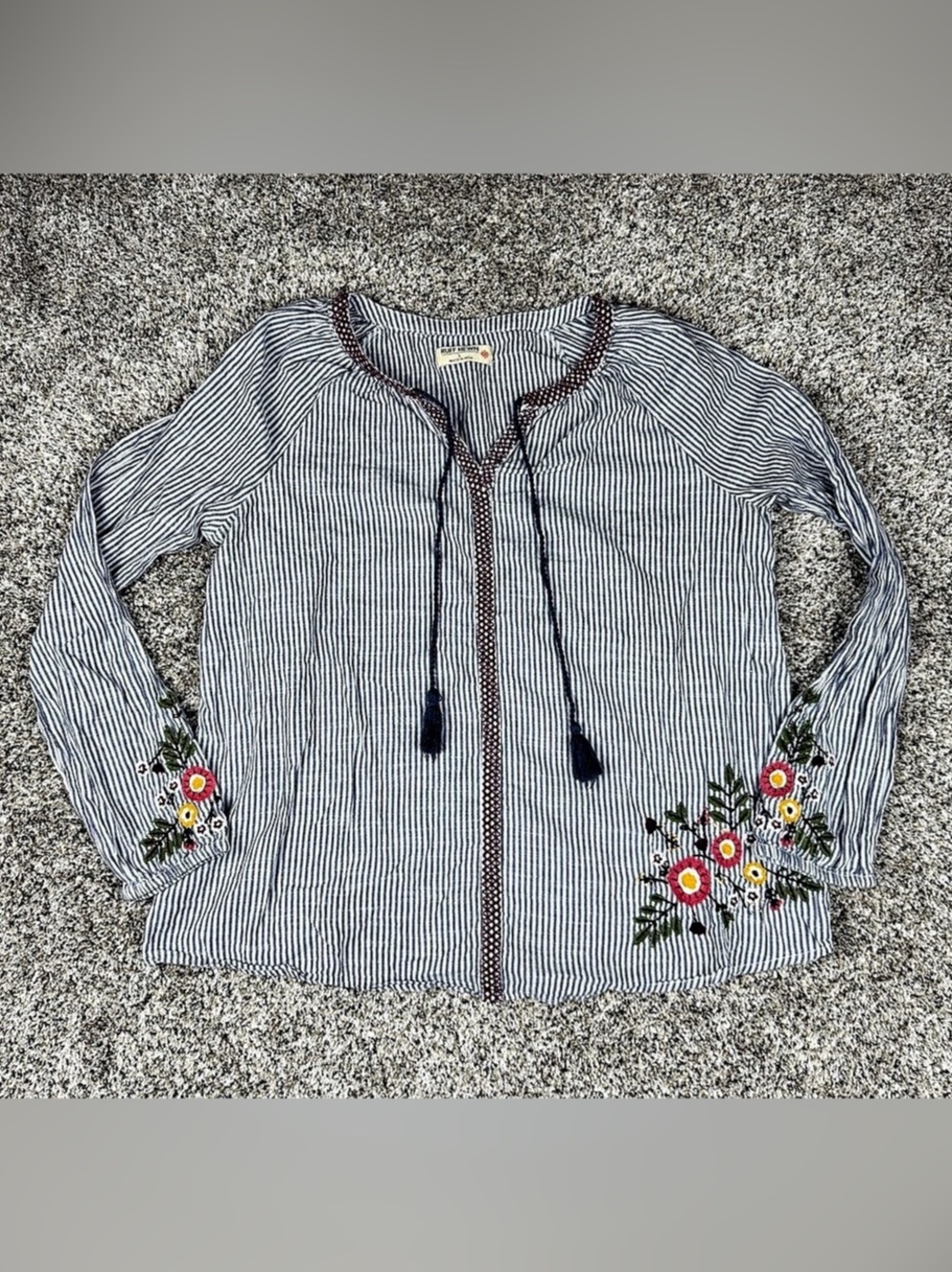 Sz Large Women’s Ruff Hewn Striped Embroidered Tunic Blouse Floral Boho White